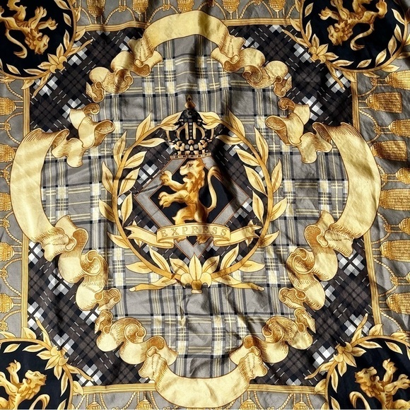 80s Express Silk Scarf Royal Lions Crest Hand Rolled 34” Square Baroque - Picture 6 of 14